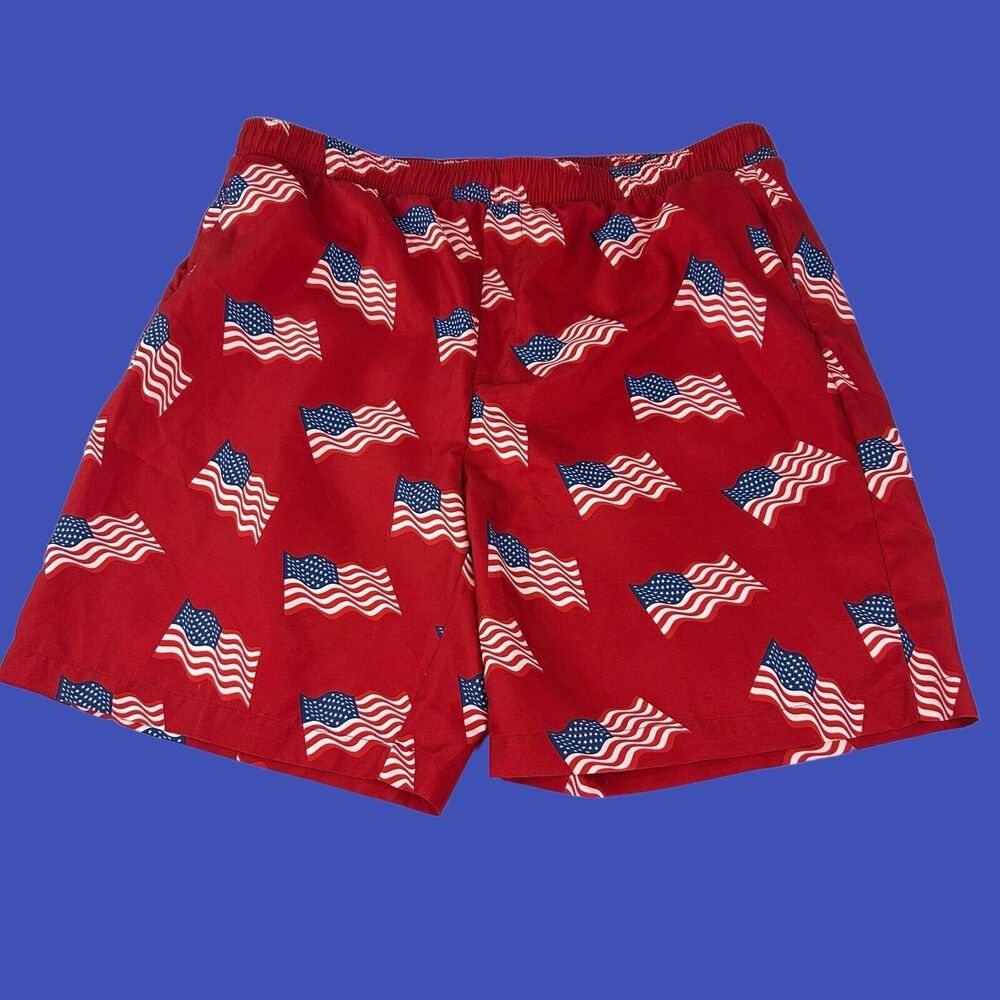 Bass Pro Shops Swim Trunks Red w/American Flags Patriotic July 4th Men’s XL NWOT